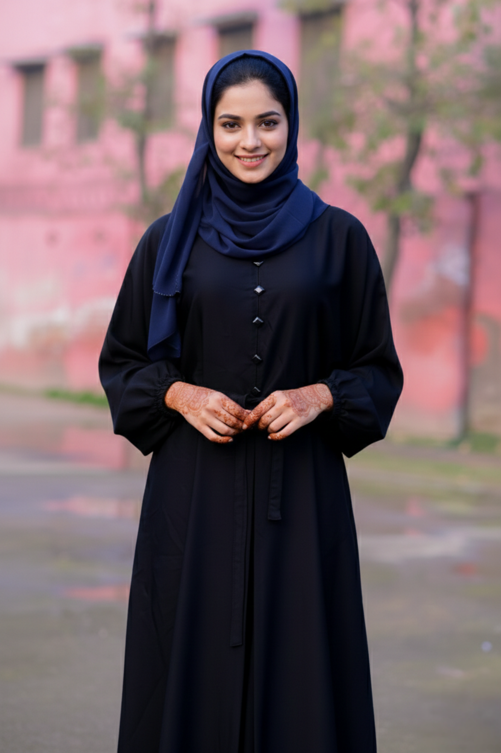 Aria Midnight Button-Down Abaya with Cinched Waist