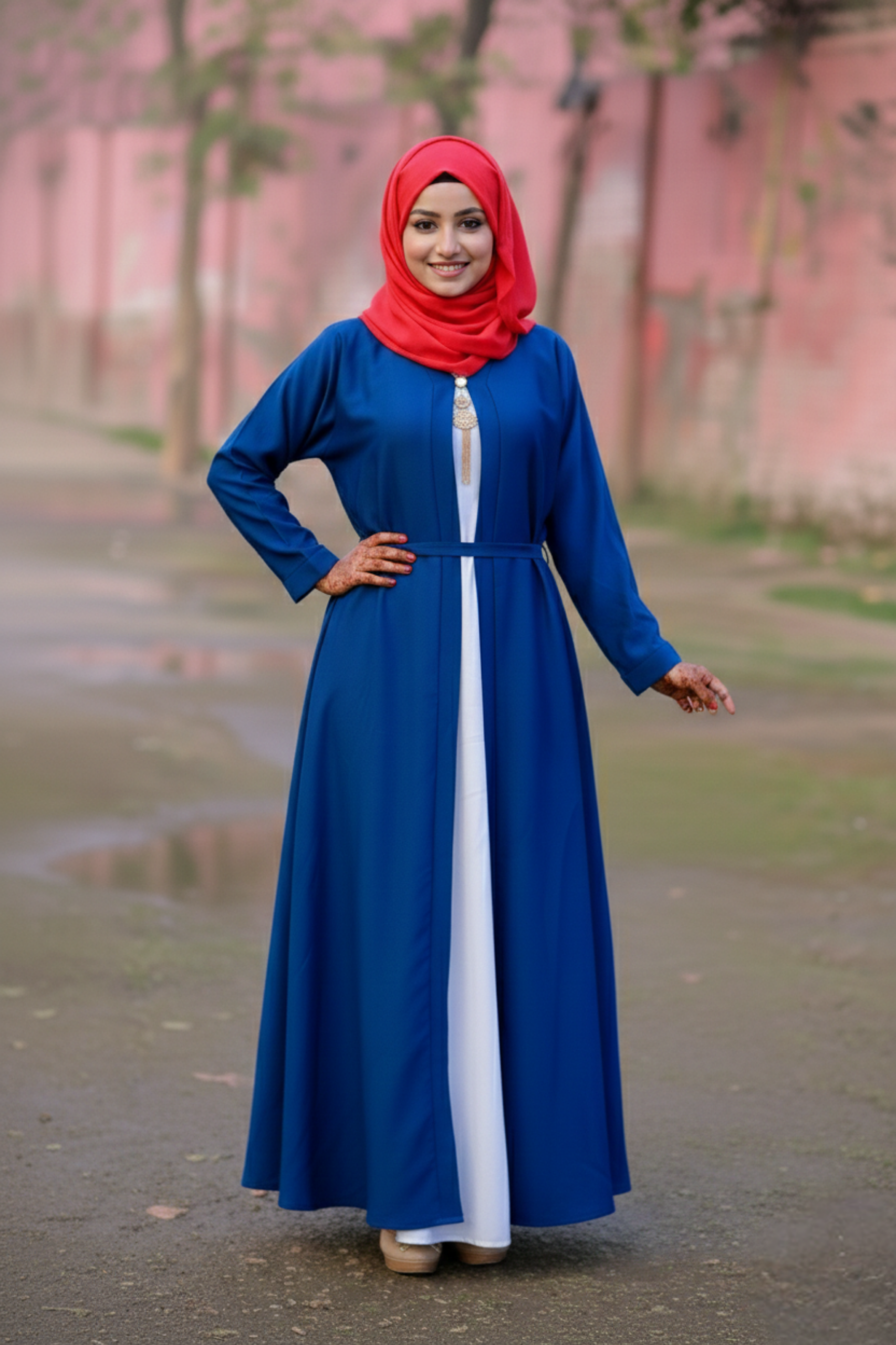 Royal Azure Dual-Layer Abaya with Medallion Accent