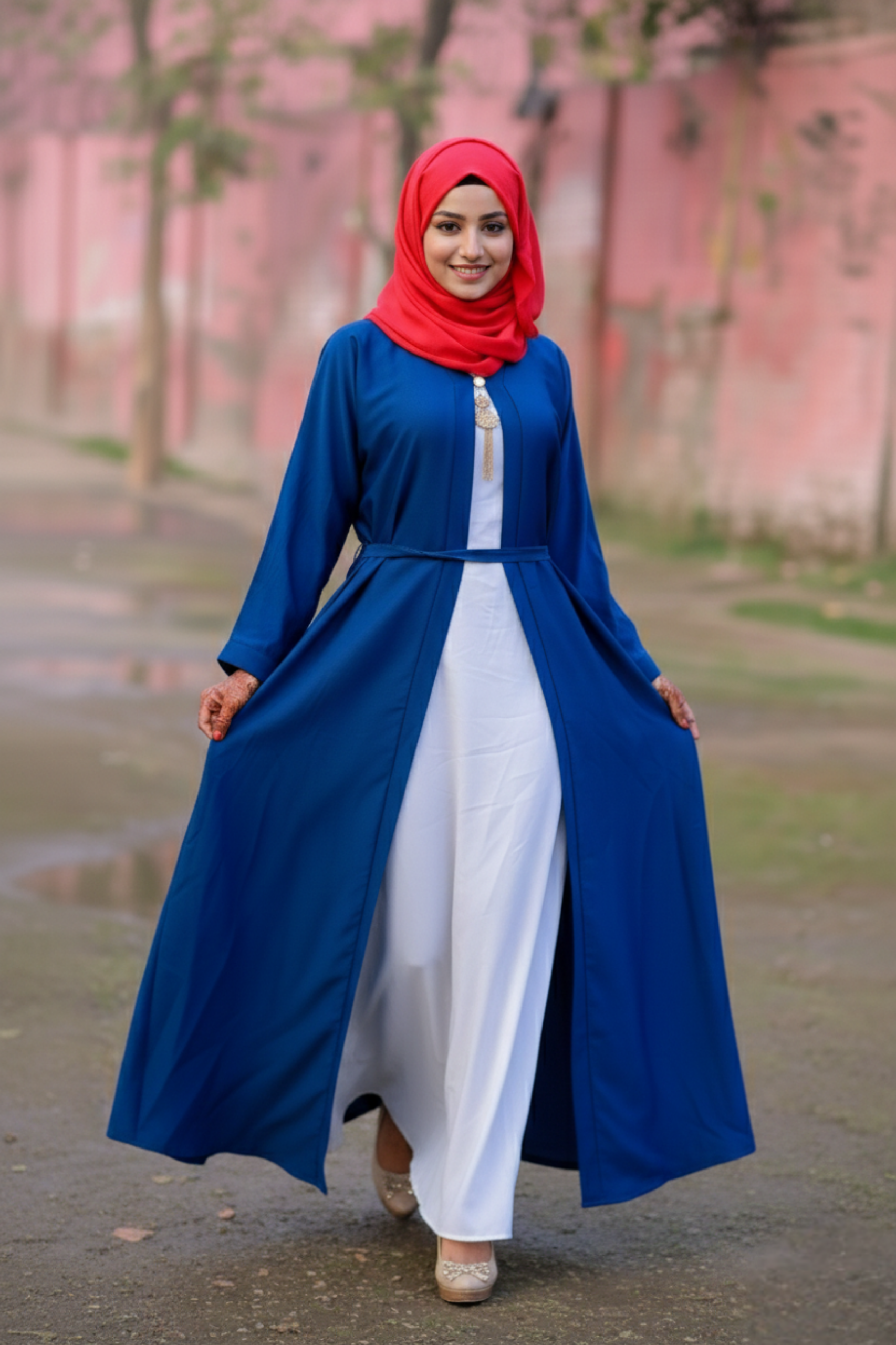 Royal Azure Dual-Layer Abaya with Medallion Accent