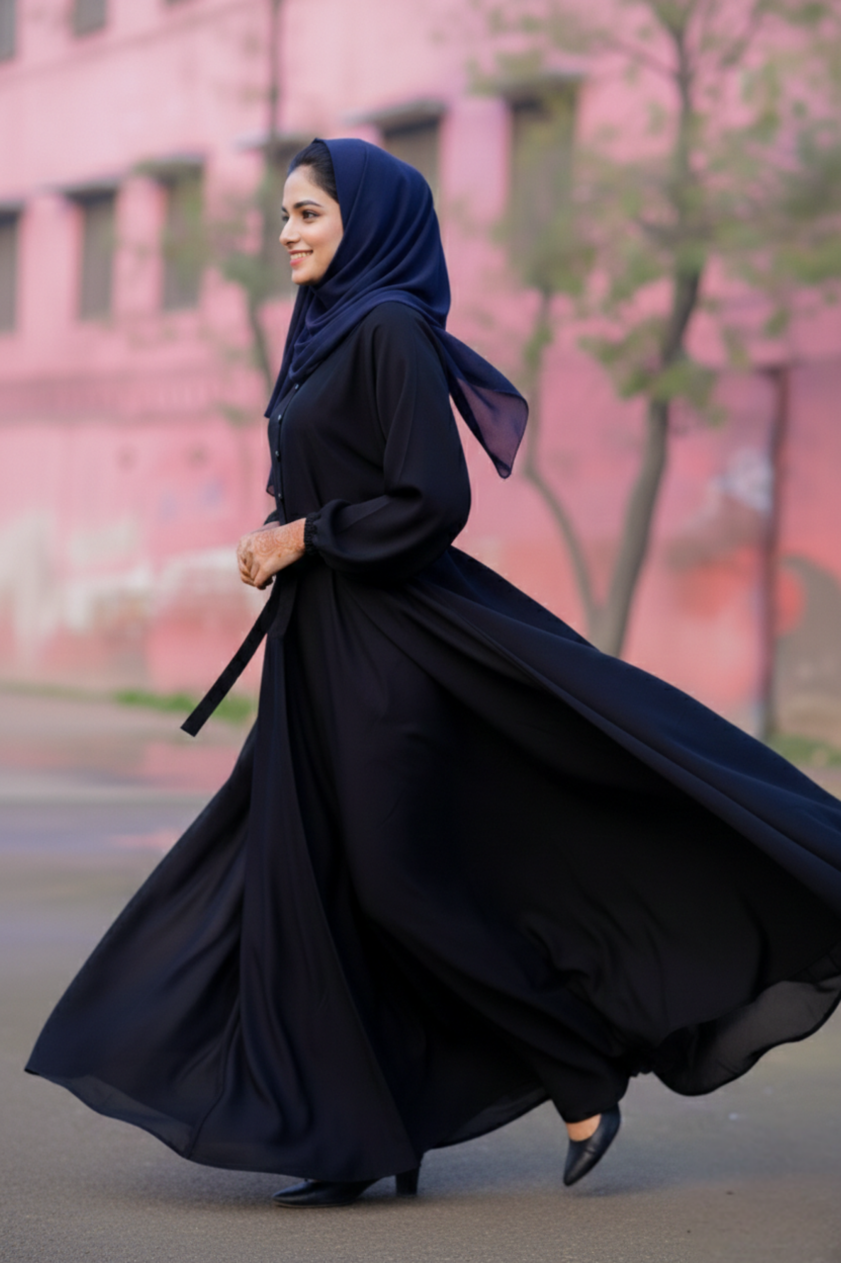 Aria Midnight Button-Down Abaya with Cinched Waist
