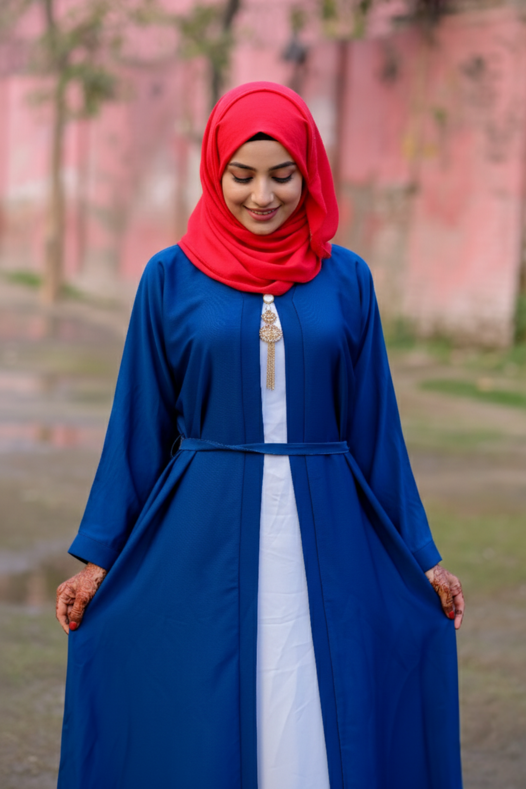 Royal Azure Dual-Layer Abaya with Medallion Accent
