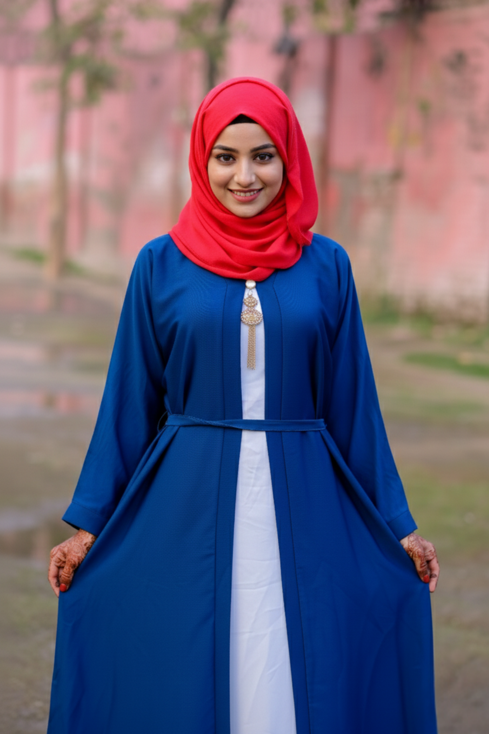 Royal Azure Dual-Layer Abaya with Medallion Accent